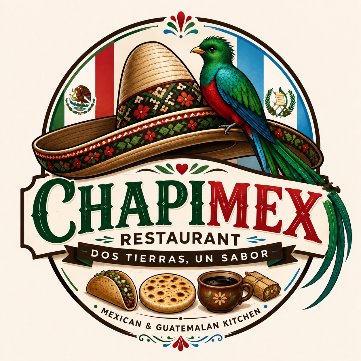 Logo de Chapimex Restaurant con un quetzal, sombrero y banderas de México y Guatemala